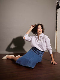 SASSAFRAS Blue Side Slit A-Line Midi Skirt