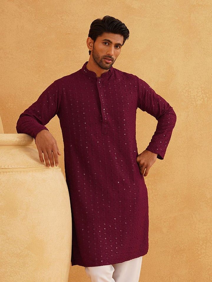 SOJANYA Motif Etnik Bersulam Labuci Lengan Panjang Kurta Kapas Tulen Lurus