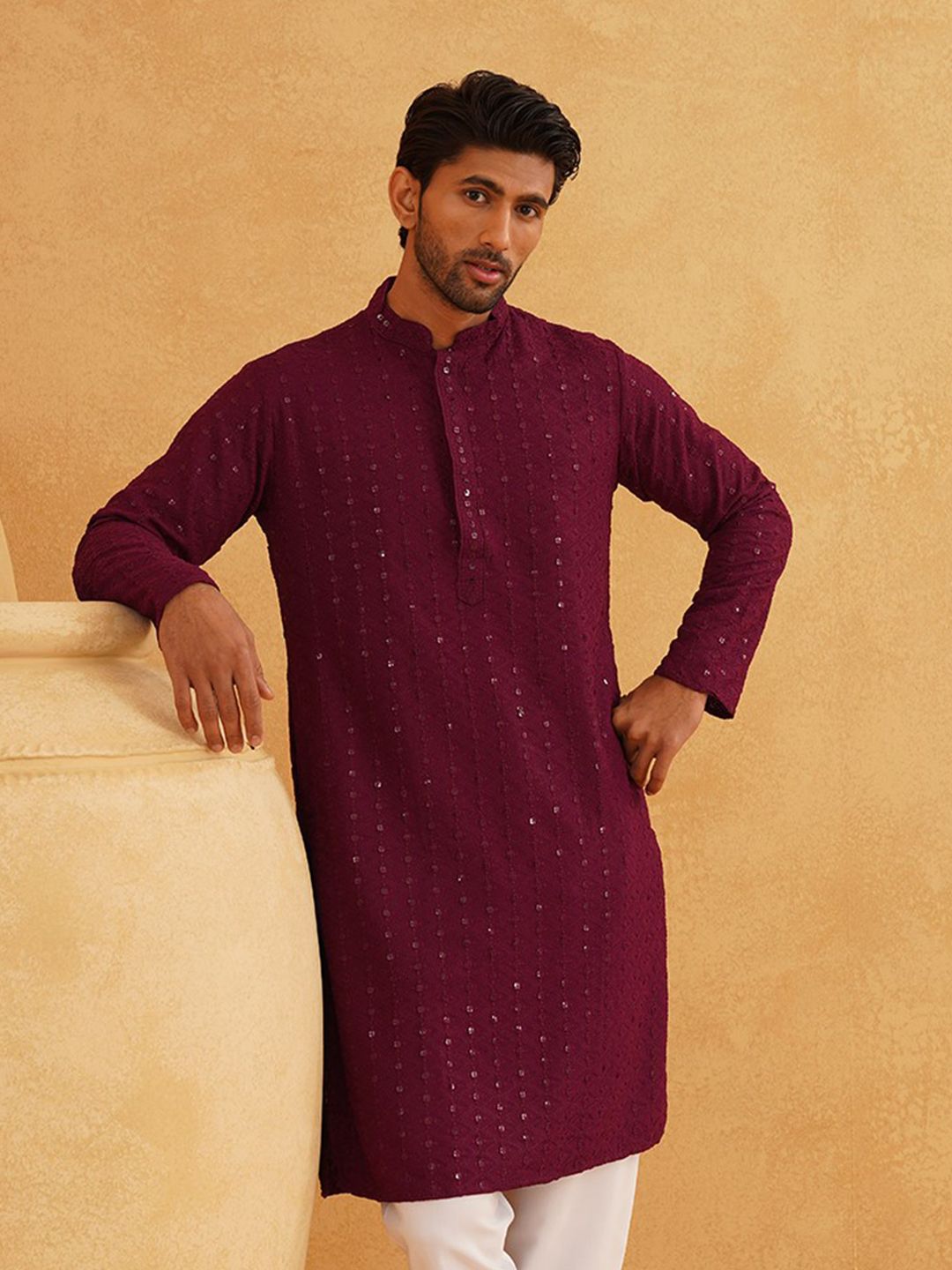SOJANYA Motif Etnik Bersulam Labuci Lengan Panjang Kurta Kapas Tulen Lurus