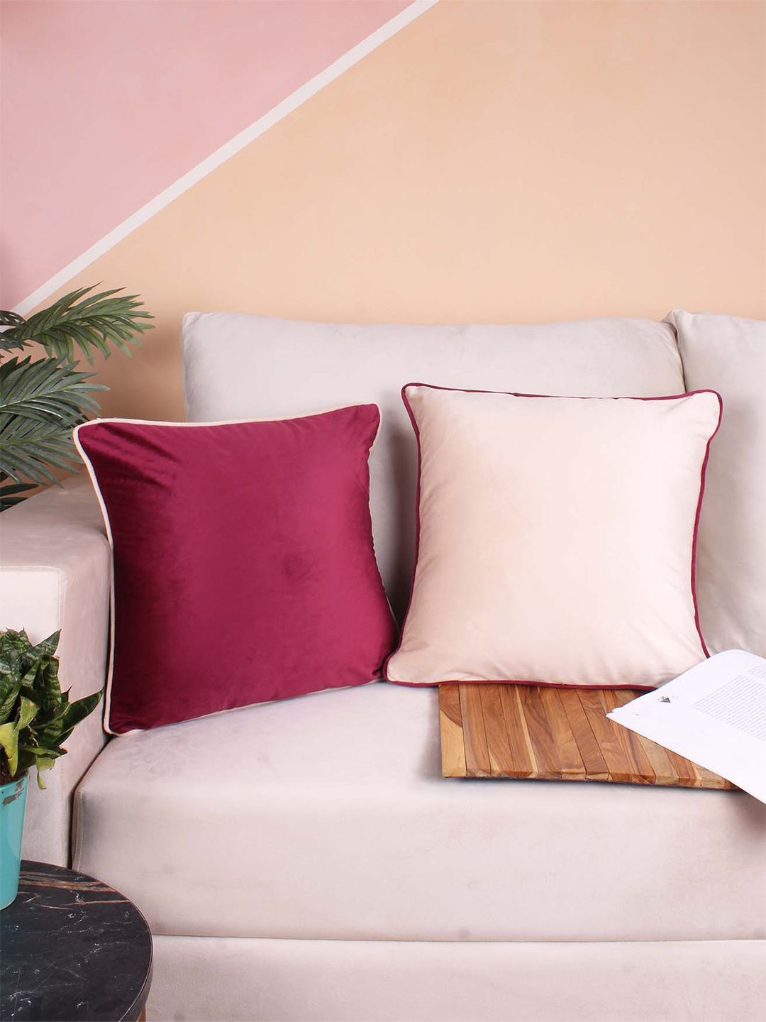 STITCHNEST Maroon & Beige 2-Pieces Velvet Square Cushion Covers