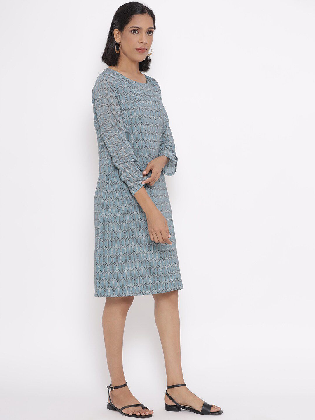 W Sea Green Geometric Printed A-Line Dress
