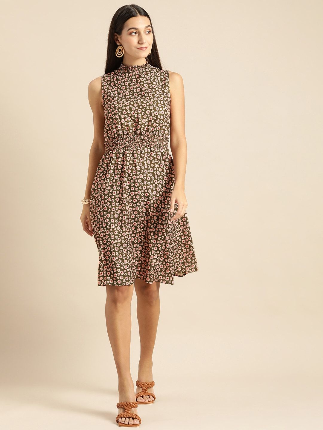 all about you Olive Green & Pink Floral Smocked Dress