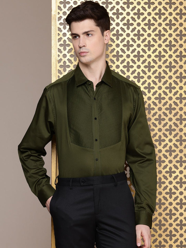 House of Pataudi Pure Cotton Pleated Opaque Party Shirt
