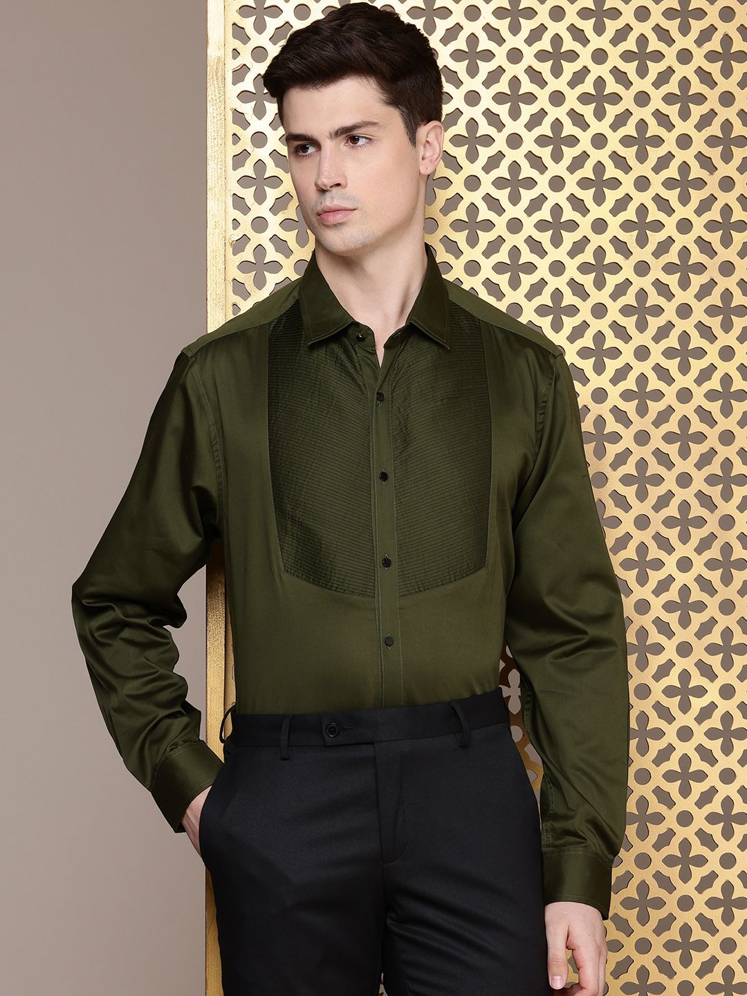 House of Pataudi Pure Cotton Pleated Opaque Party Shirt