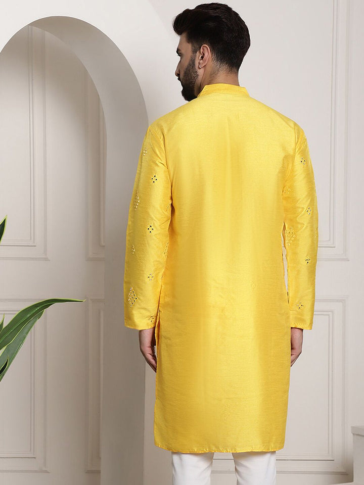SOJANYA Embellished Mirror Work Detailed Band Collar Cotton Silk Kurta