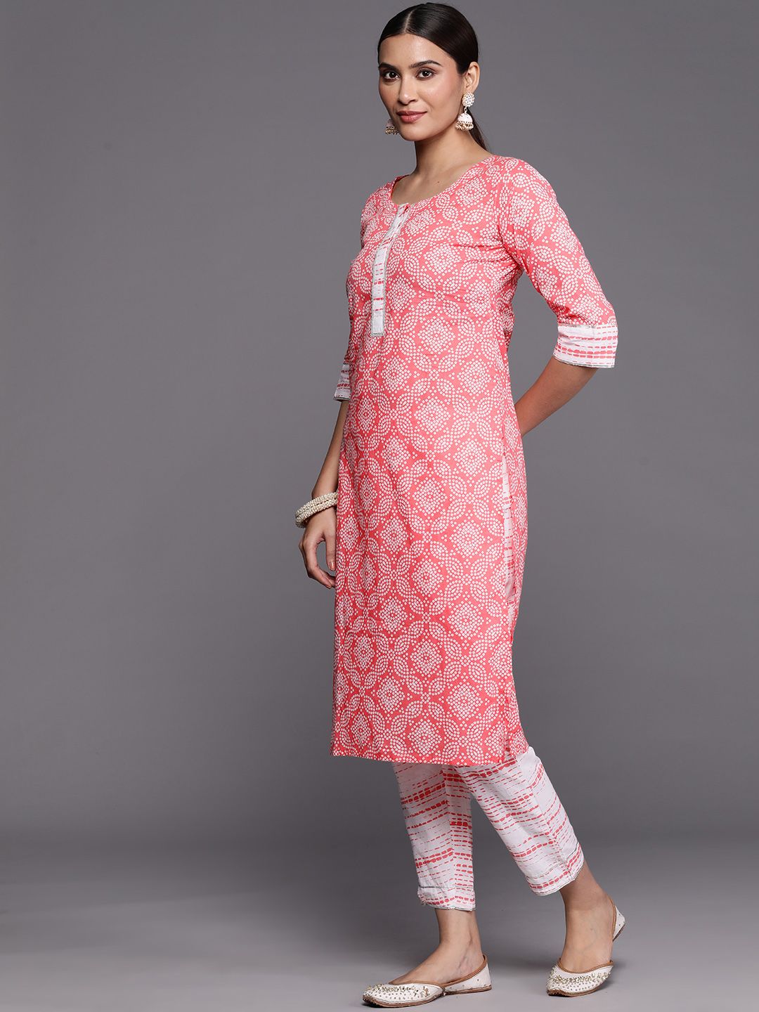 Libas Women Peach-Coloured Bandhani Printed Gotta Patti Pure Cotton Kurta with Trousers & With Dupatta