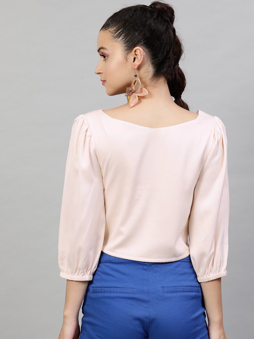 Street 9 Peach Puff Sleeves Regular Crop Top
