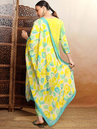 Vishudh Green Floral Yoke Design Tie-Up Neck Thread Work Kurta With Trousers & Dupatta