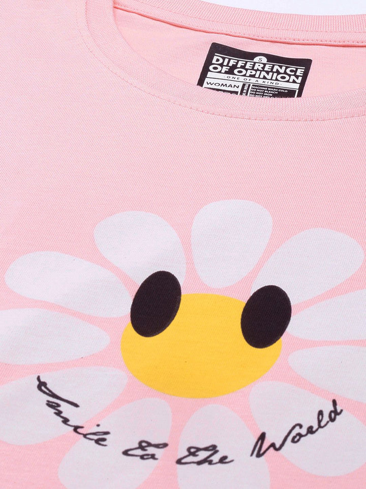 Difference of Opinion Women Pink Typography Printed Pure Cotton Oversized T-Shirt