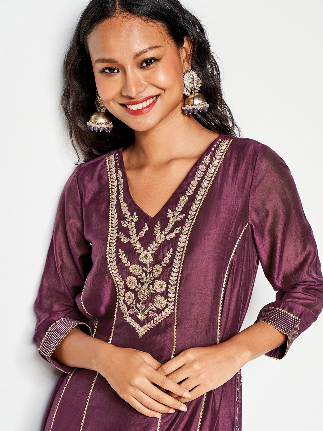 Global Desi V Neck Long Sleeves Ethnic Embroidered A Line Kurta
