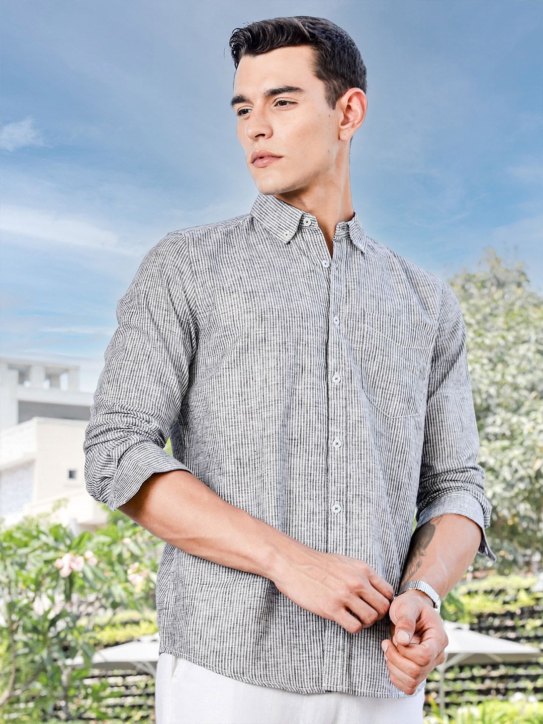 Thomas Scott Men Premium Fit Button-Down Collar Pinstripes Striped Linen Casual Shirt