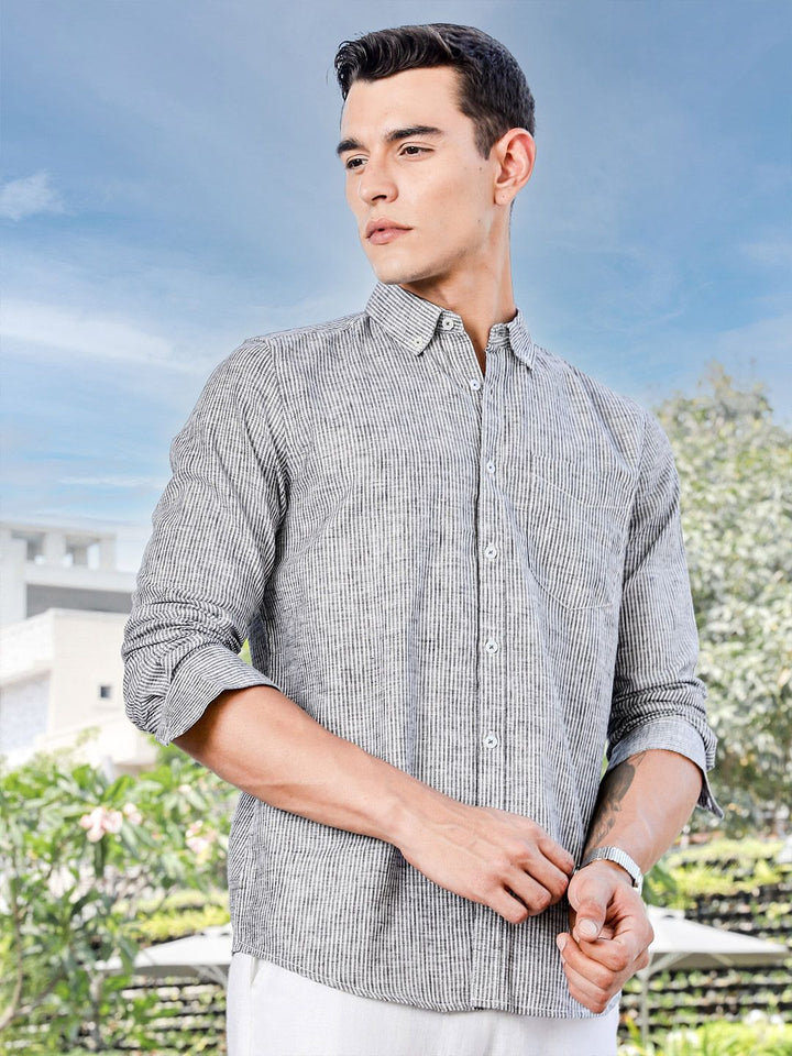 Thomas Scott Men Premium Fit Button-Down Collar Pinstripes Striped Linen Casual Shirt