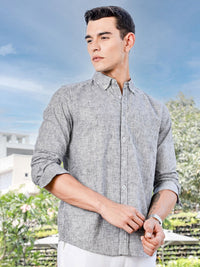 Thomas Scott Men Premium Fit Button-Down Collar Pinstripes Striped Linen Casual Shirt