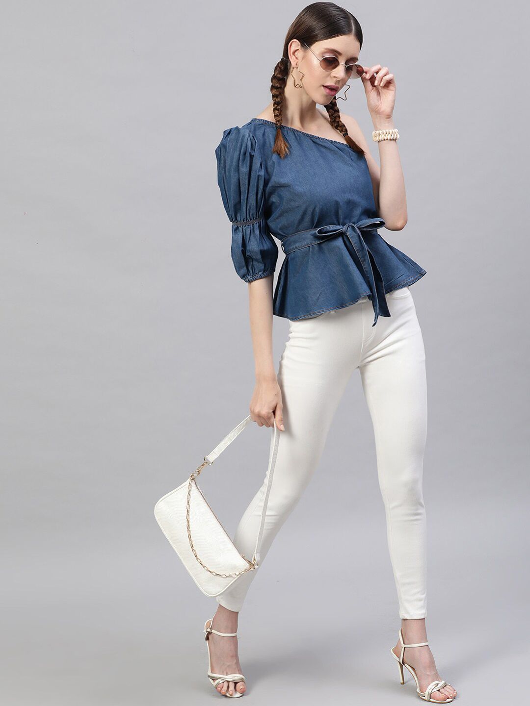 STREET 9 Navy Blue Solid One Shoulder Indigo Pure Cotton Denim Regular Top with Belt
