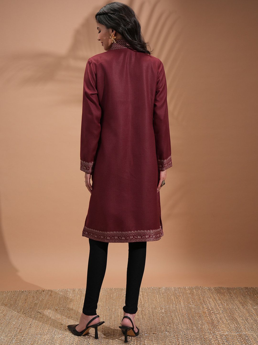 Vishudh Maroon Floral Embroidered Spread Collar Longline Tailored Jacket
