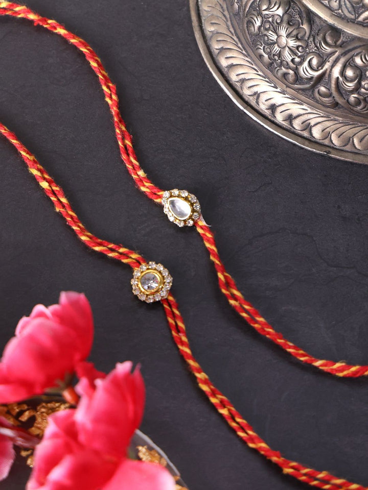PANASH- Unisex Set Of 3 Gold Plated Stone Studded Thread Rakhis With Roli Chawal