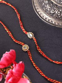PANASH- Unisex Set Of 3 Gold Plated Stone Studded Thread Rakhis With Roli Chawal