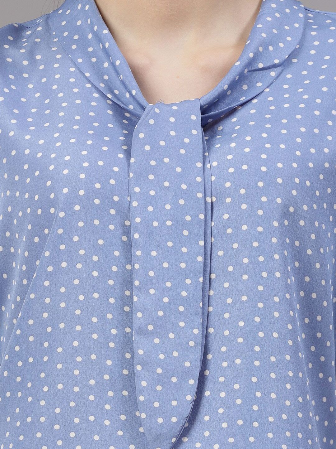 Style Quotient Polka Dots Printed Smocked Tie-Up Collar Puff Sleeves Top