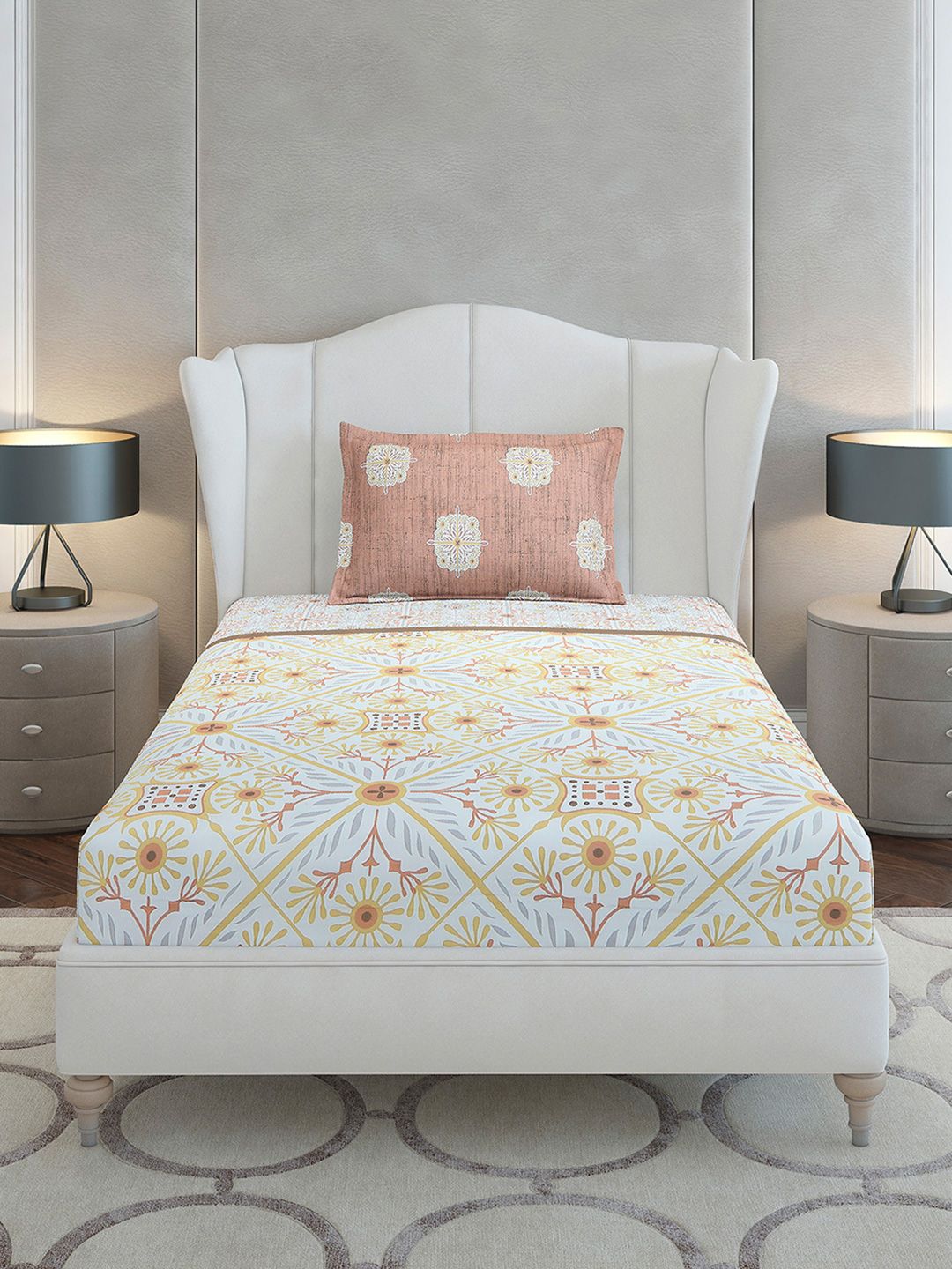 Monte Carlo Beige & Yellow Ethnic Motifs Cotton 144 TC Single Bedsheet Set-2.29 m x 1.52 m
