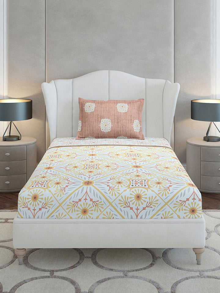 Monte Carlo Beige & Yellow Ethnic Motifs Cotton 144 TC Single Bedsheet Set-2.29 m x 1.52 m