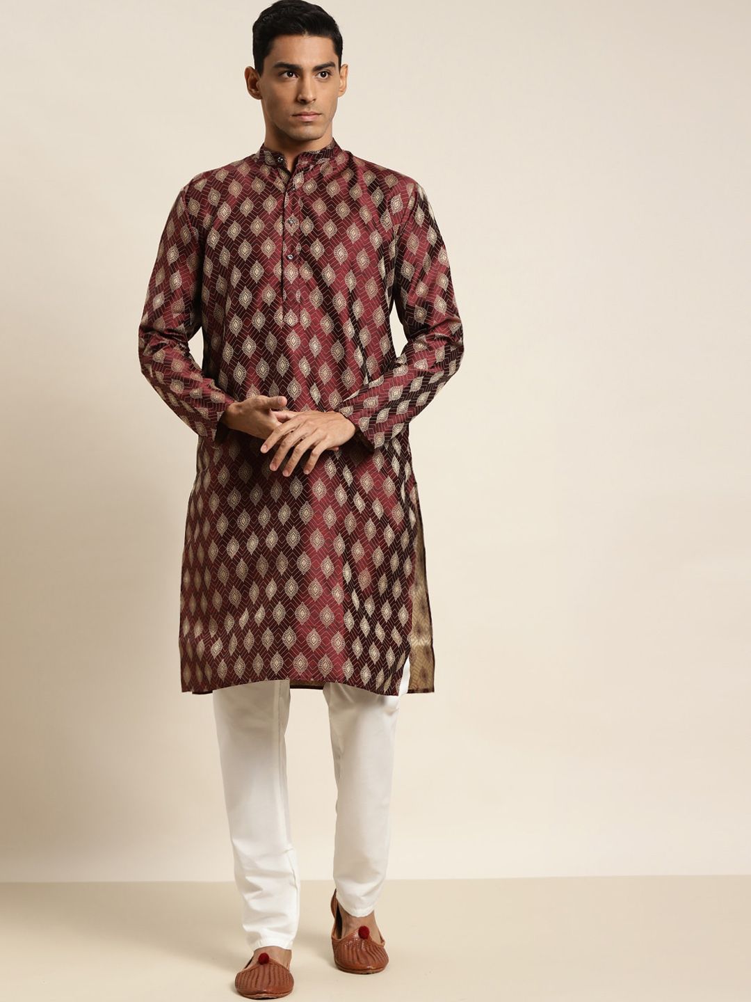 SOJANYA Woven Design Mandarin Collar Silk Cotton Kurta