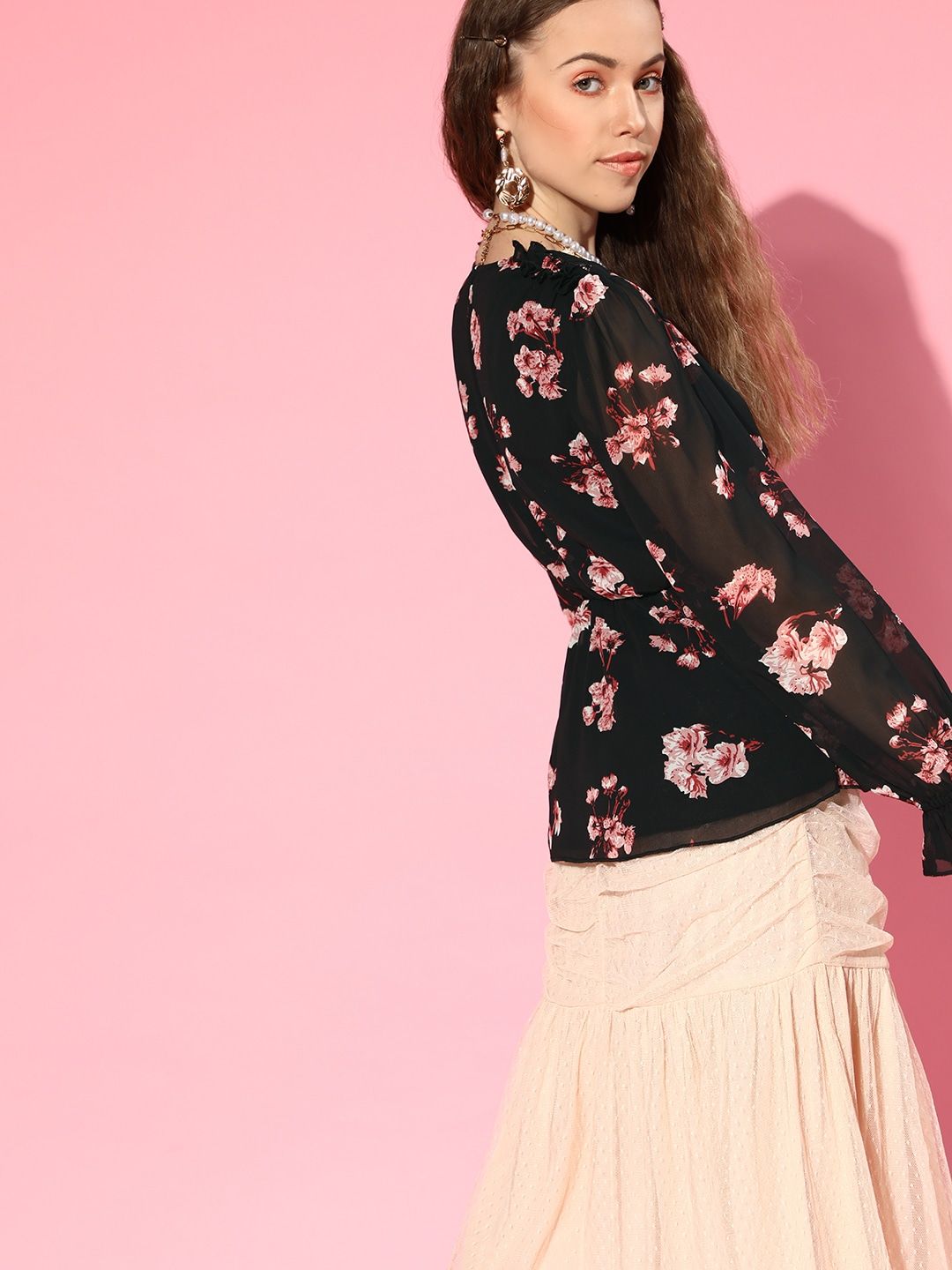 SASSAFRAS Black & White Floral Print Bishop Sleeves Georgette Wrap Top
