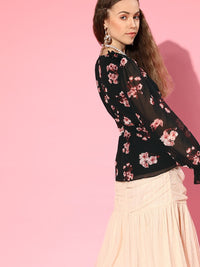 SASSAFRAS Black & White Floral Print Bishop Sleeves Georgette Wrap Top