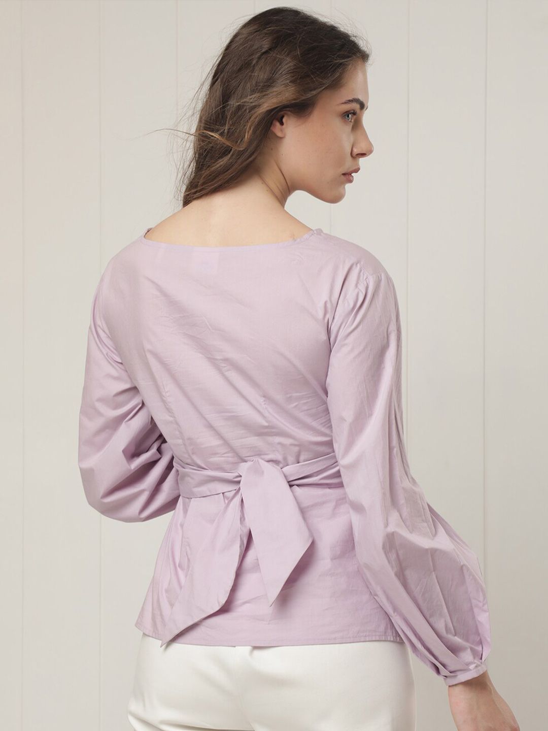 RAREISM Boat Neck Puff Sleeves Cotton Cinched Waist Top