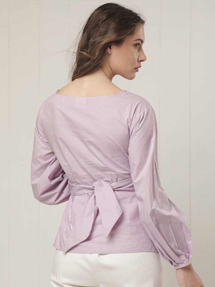 RAREISM Boat Neck Puff Sleeves Cotton Cinched Waist Top