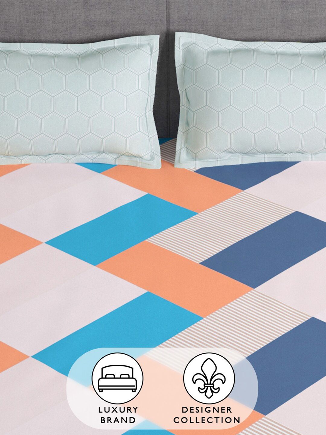 Story@home Peach & Blue Geometric 180 TC Queen Bedsheet with 2 Pillow Covers