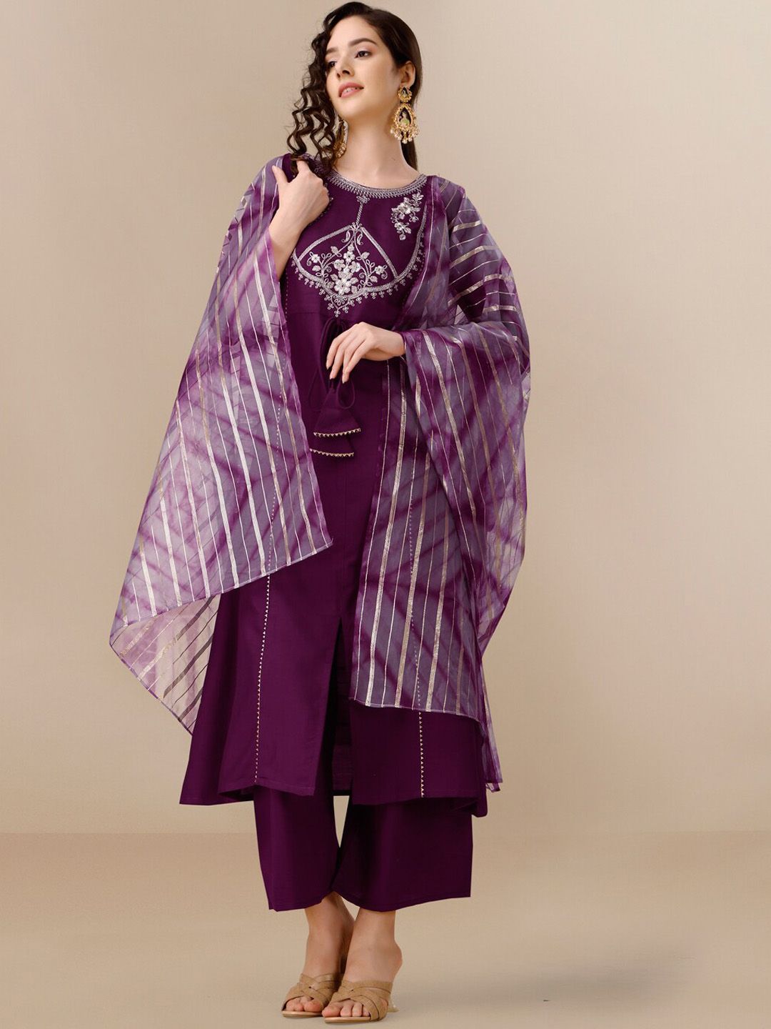 KALINI Floral Yoke Design A-Line Kurta With Palazzos & Dupatta