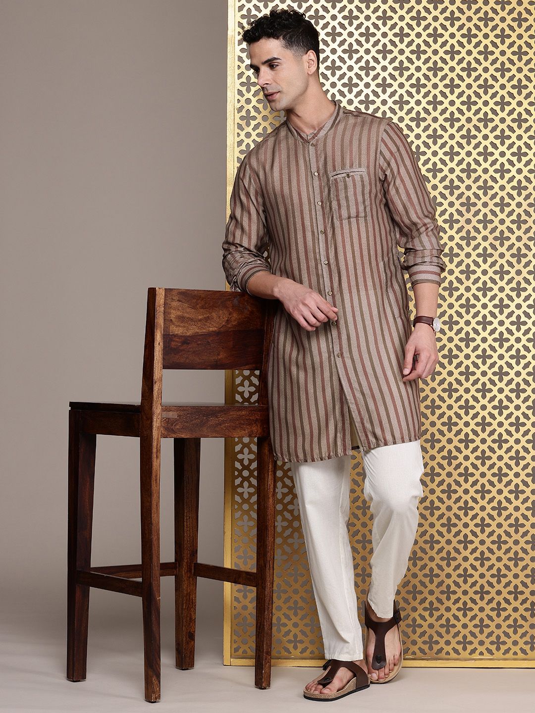 House of Pataudi Ethnic Motifs Printed & Striped Rozana Kurta