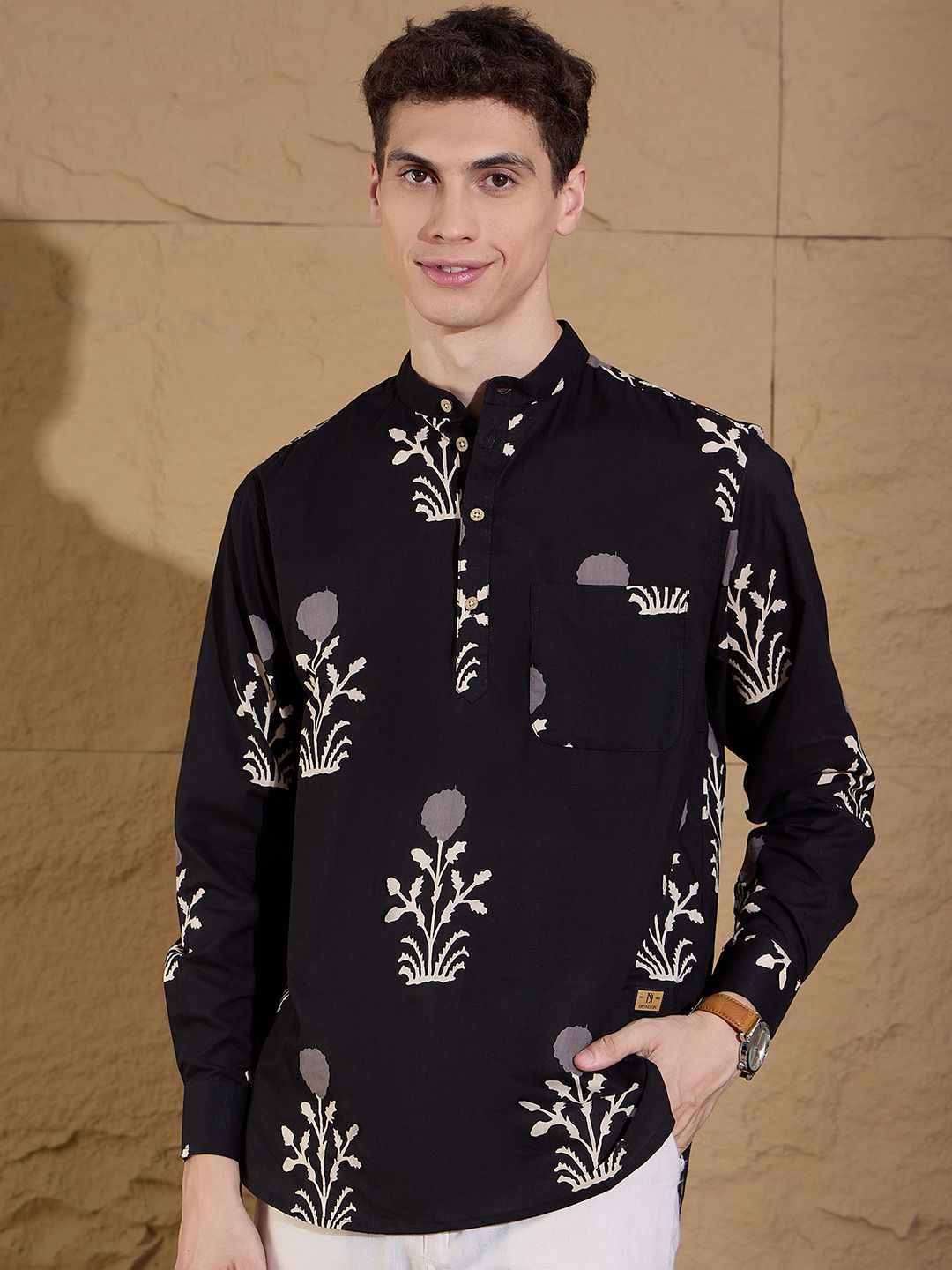 Dennison Floral Printed Cotton Band Collar Lurus Kurta
