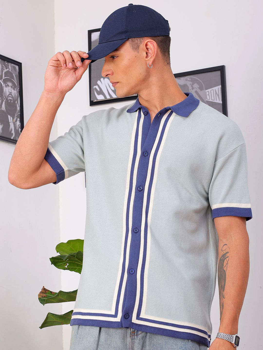 The Indian Garage Co Men Relaxed Fit Striped Flat Knit Polo Resortwear Shirt