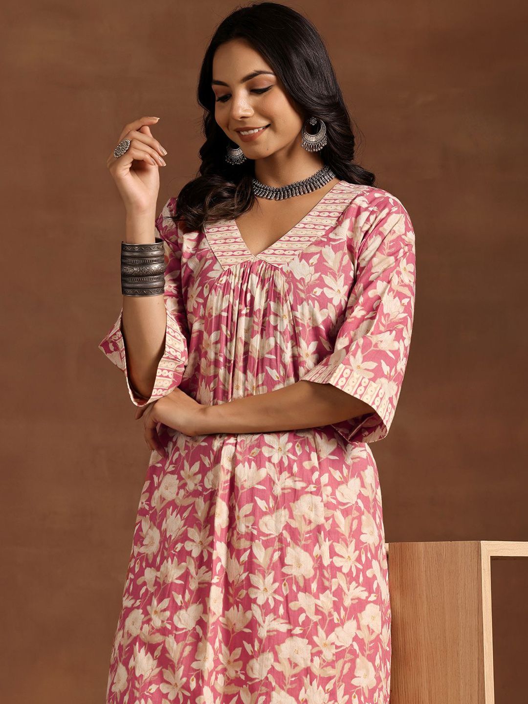 Libas Women Floral Printed Pleated Pure Cotton Kurta with Trousers