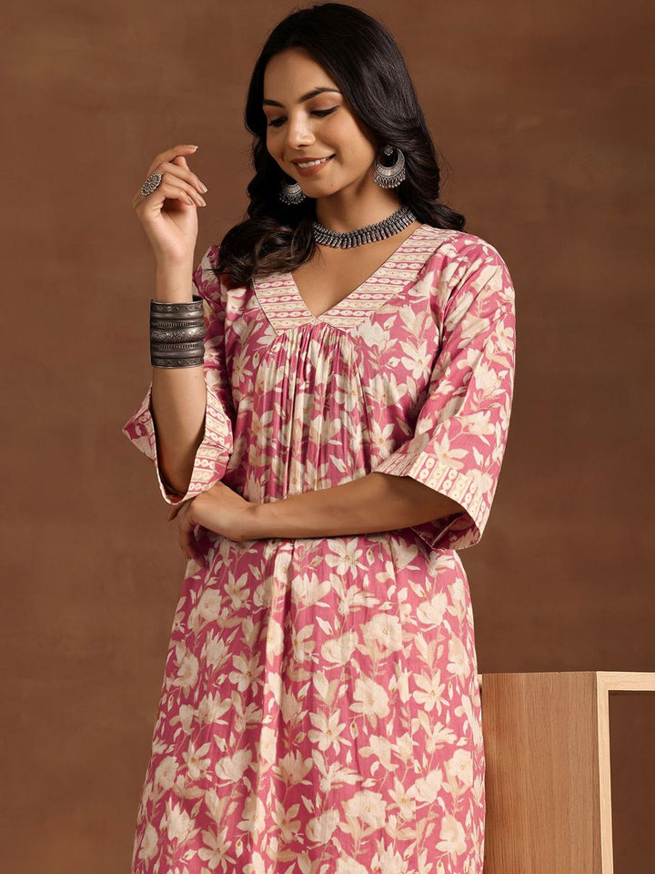 Libas Women Floral Printed Pleated Pure Cotton Kurta with Trousers