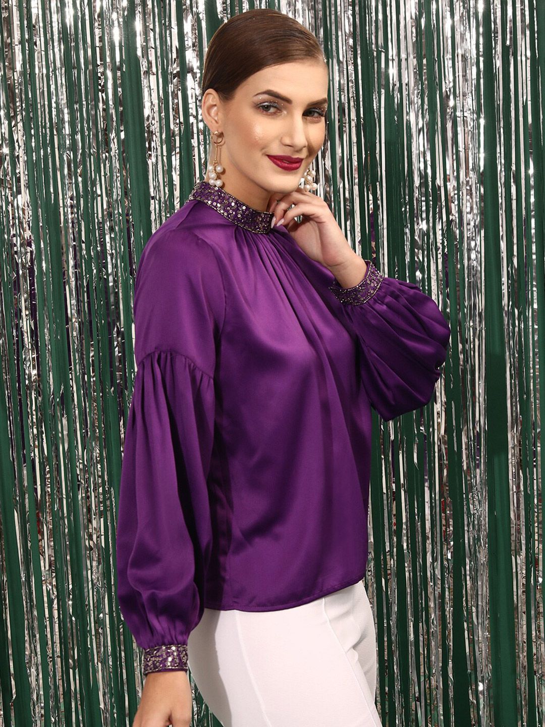 STREET 9 High Neck Sequined Gathered Puff Sleeves Top