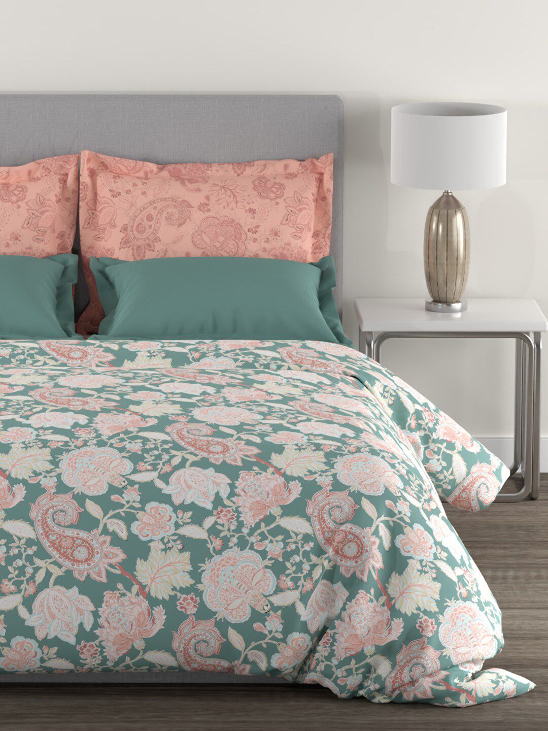 MYTRIDENT Green  White Ethnic Motifs Cotton 144 TC Queen Bedsheet With 2 Pillow Covers