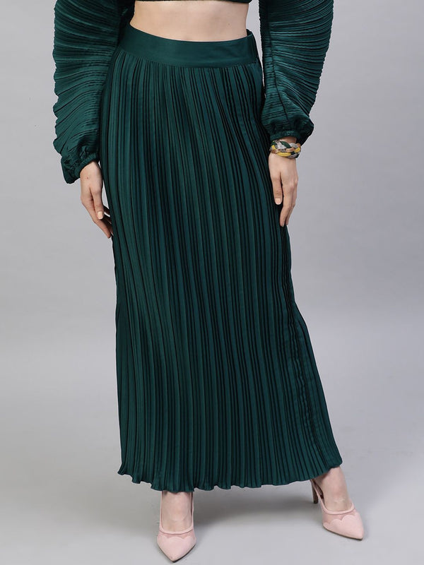 Jalan 9 Wanita Wanita Hijau Pepejal Selesai Akordion Maxi A-Line Skirt