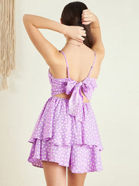 Berrylush Purple Floral Printed Sweetheart Neck Layered Detailed Playsuit