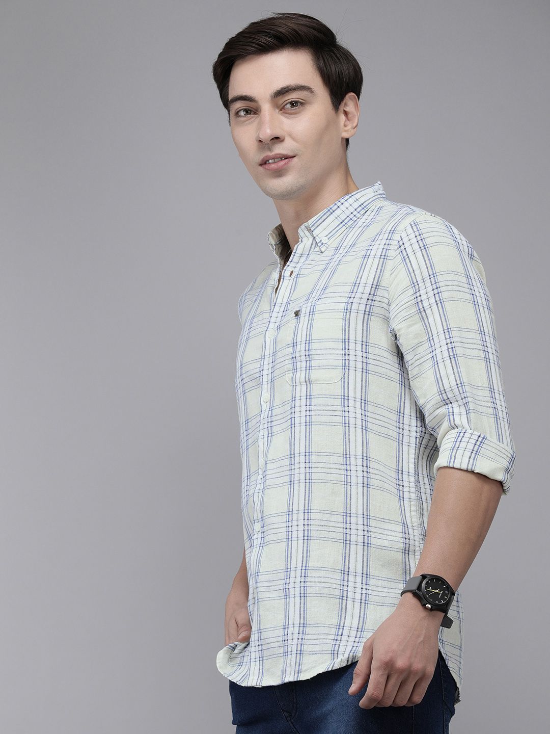 THE BEAR HOUSE Men Cream-Coloured Tartan Checked Pure Cotton Slim Fit Casual Shirt