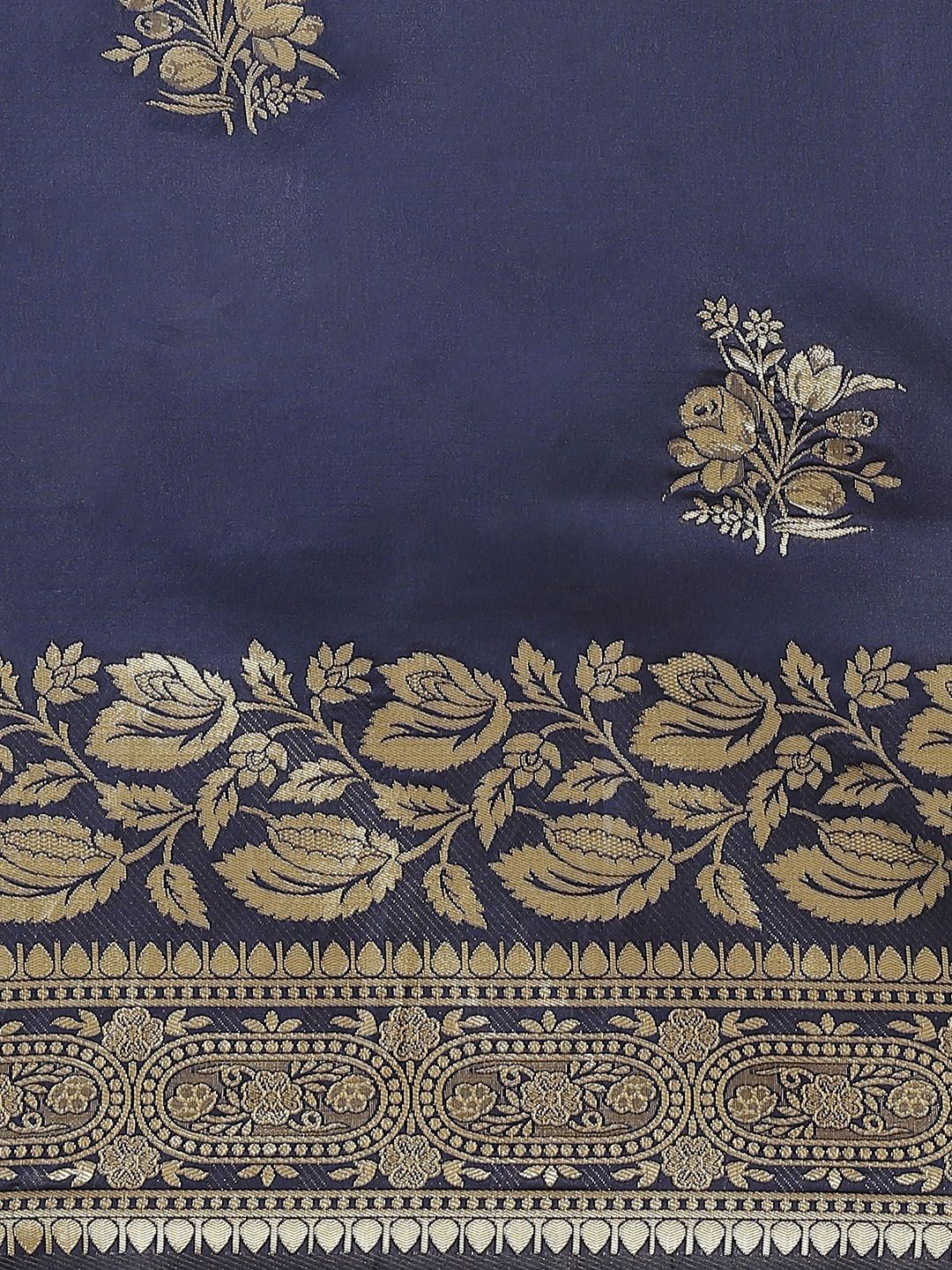 Saree mall Navy Blue & Golden Floral Woven Design Banarasi Saree