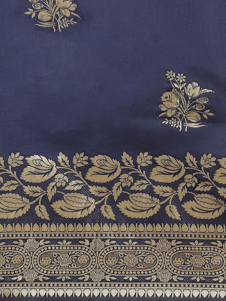 Saree mall Navy Blue & Golden Floral Woven Design Banarasi Saree