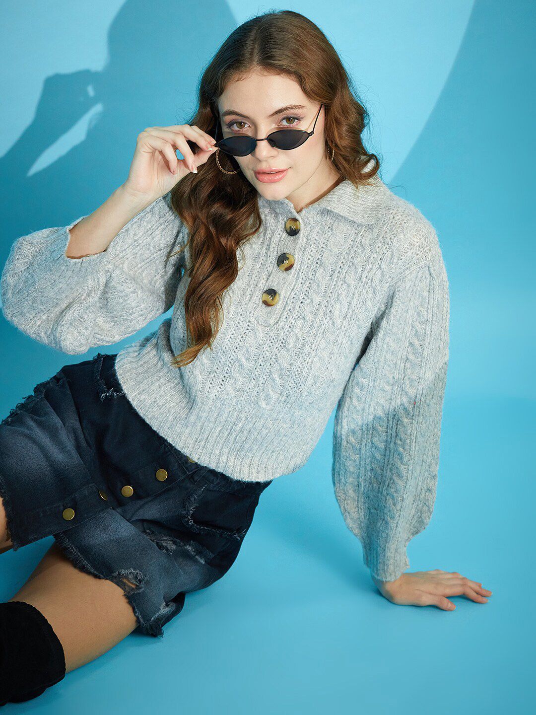 STREET 9 Self Designed Shirt Collar Acrylic Pullover