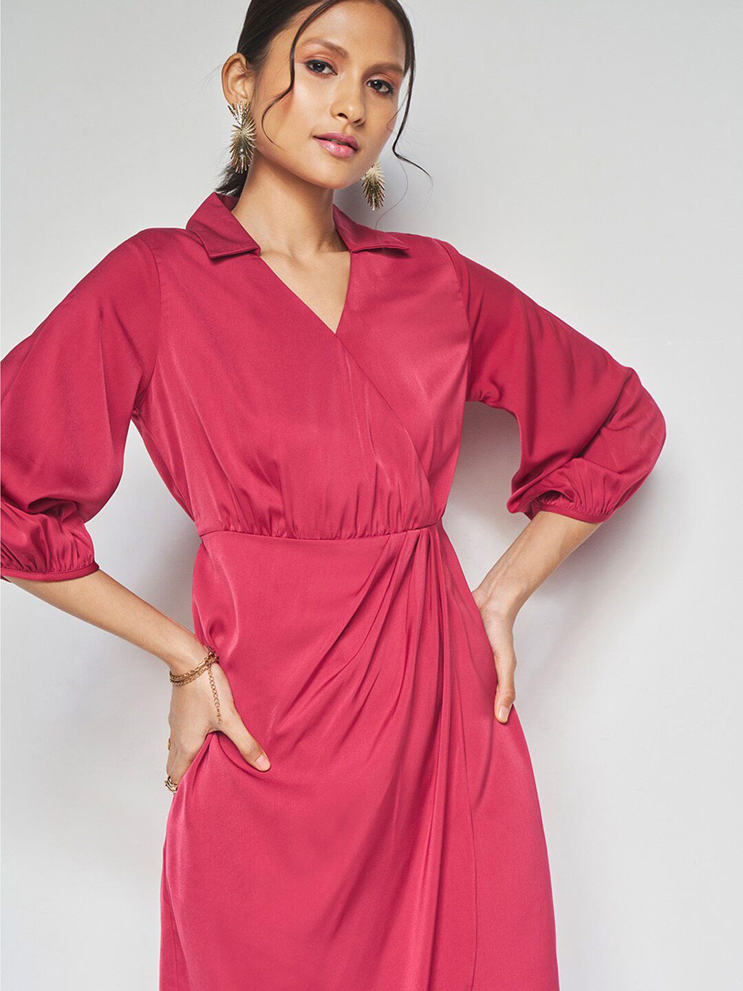 AND Shirt Collar Puff Sleeves Tulip Wrap Dress
