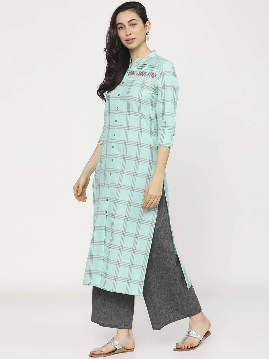 Vishudh Women Sea Green Checked Thread Work Kurta