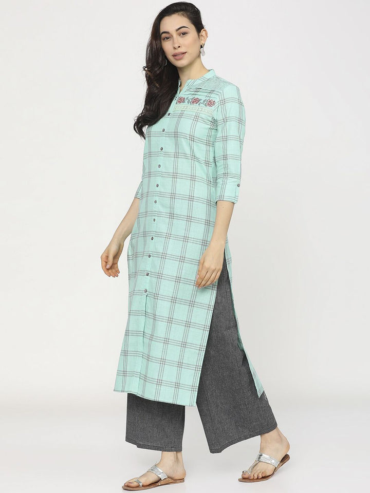 Vishudh Women Sea Green Checked Thread Work Kurta