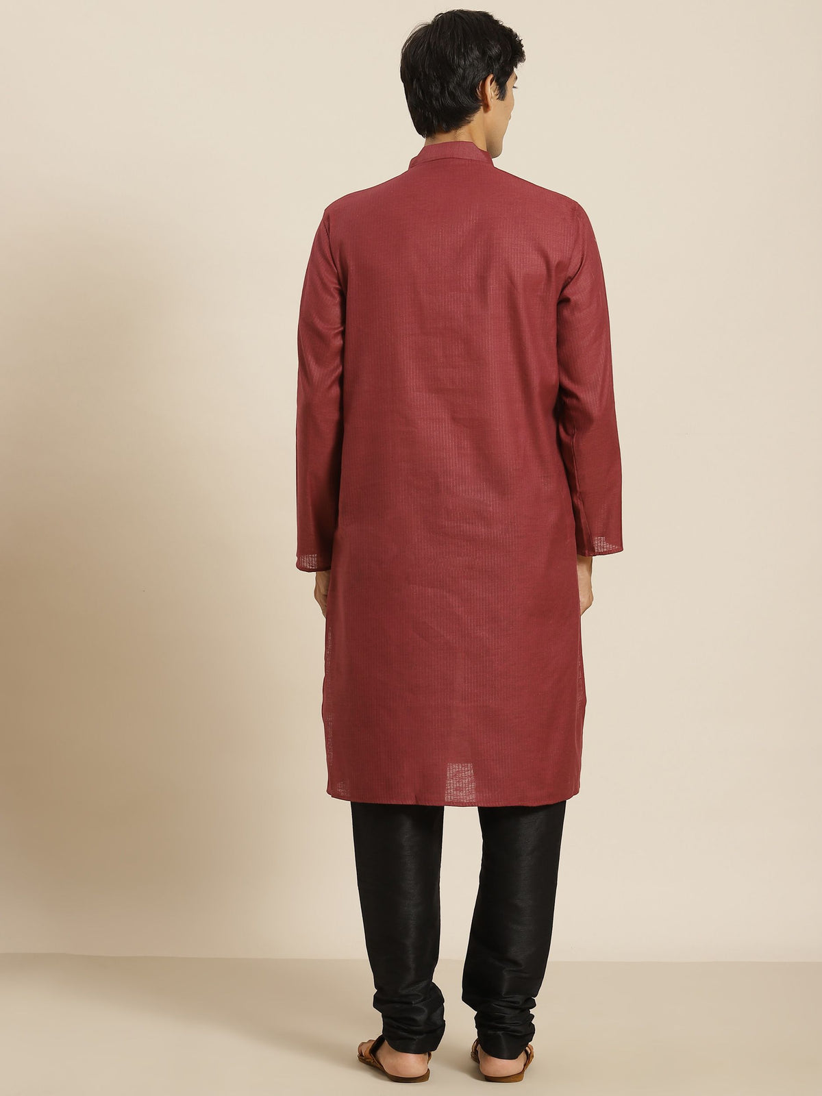 SOJANYA Men Maroon Cotton Self-Striped Straight Kurta
