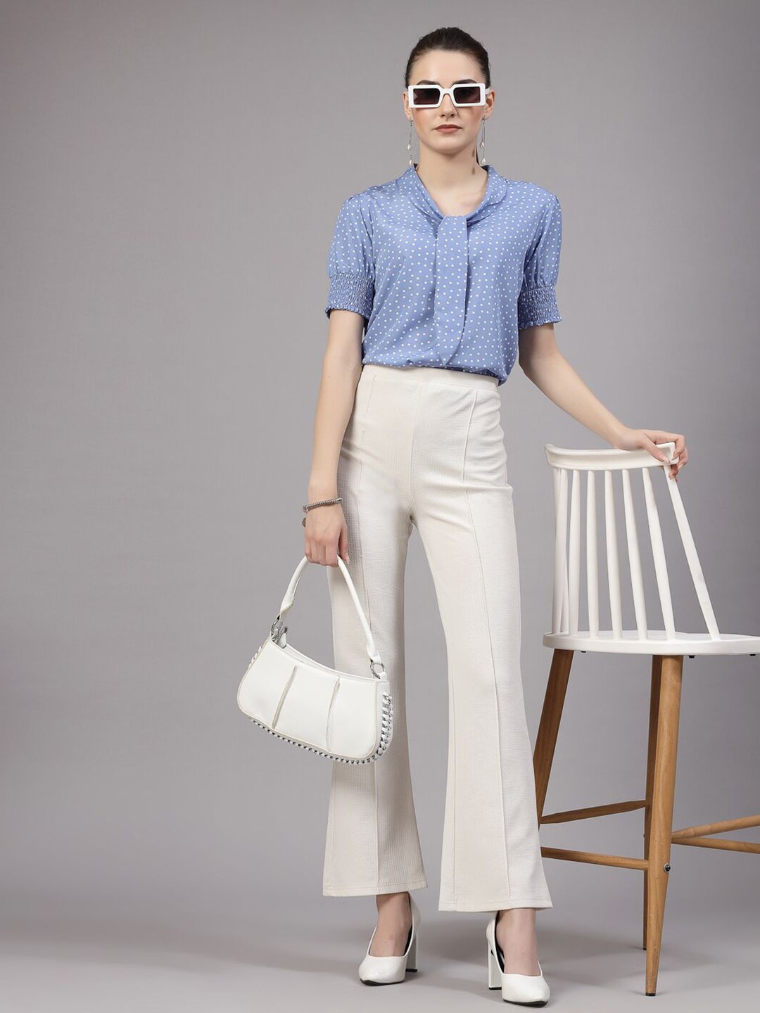 Style Quotient Polka Dots Printed Smocked Tie-Up Collar Puff Sleeves Top