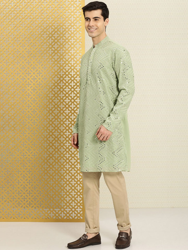 House of Pataudi Men Green Embellished Mirror Work Jashn Kurta